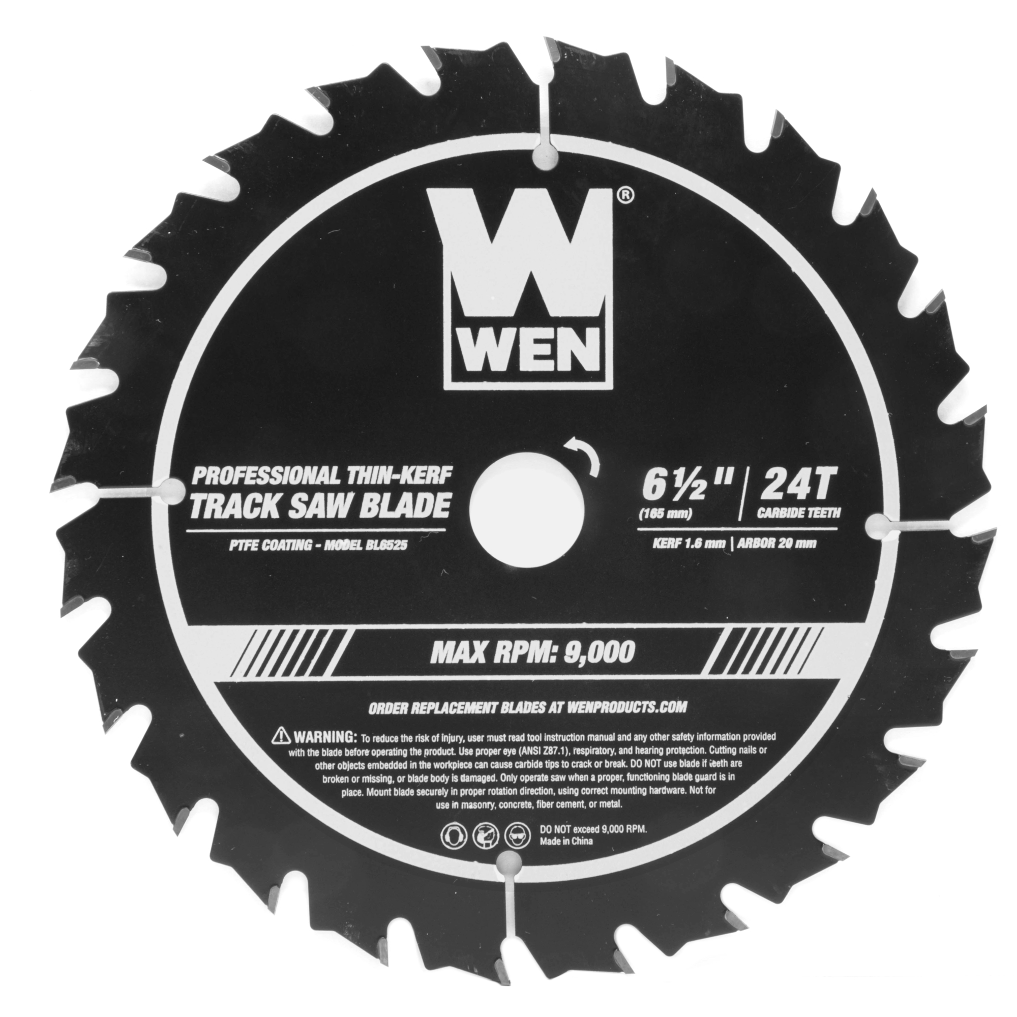WEN Carbide-Tipped Thin-Kerf Track Saw Blade - 6.5in. dia., 24T, 20mm Arbor, Model# BL6525
